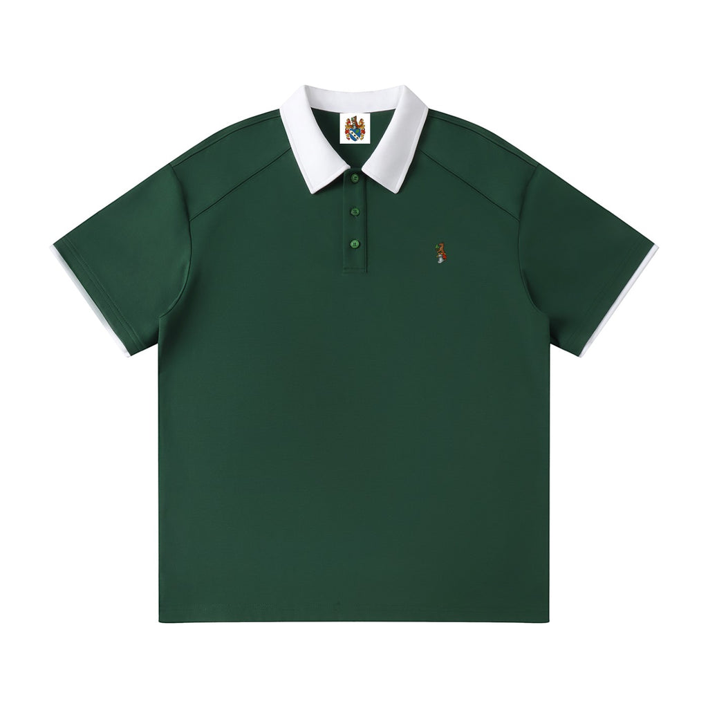 Norman Prince dark green cotton blend short sleeve polo shirt with white collar and sleeve trim, featuring a small embroidered crest.