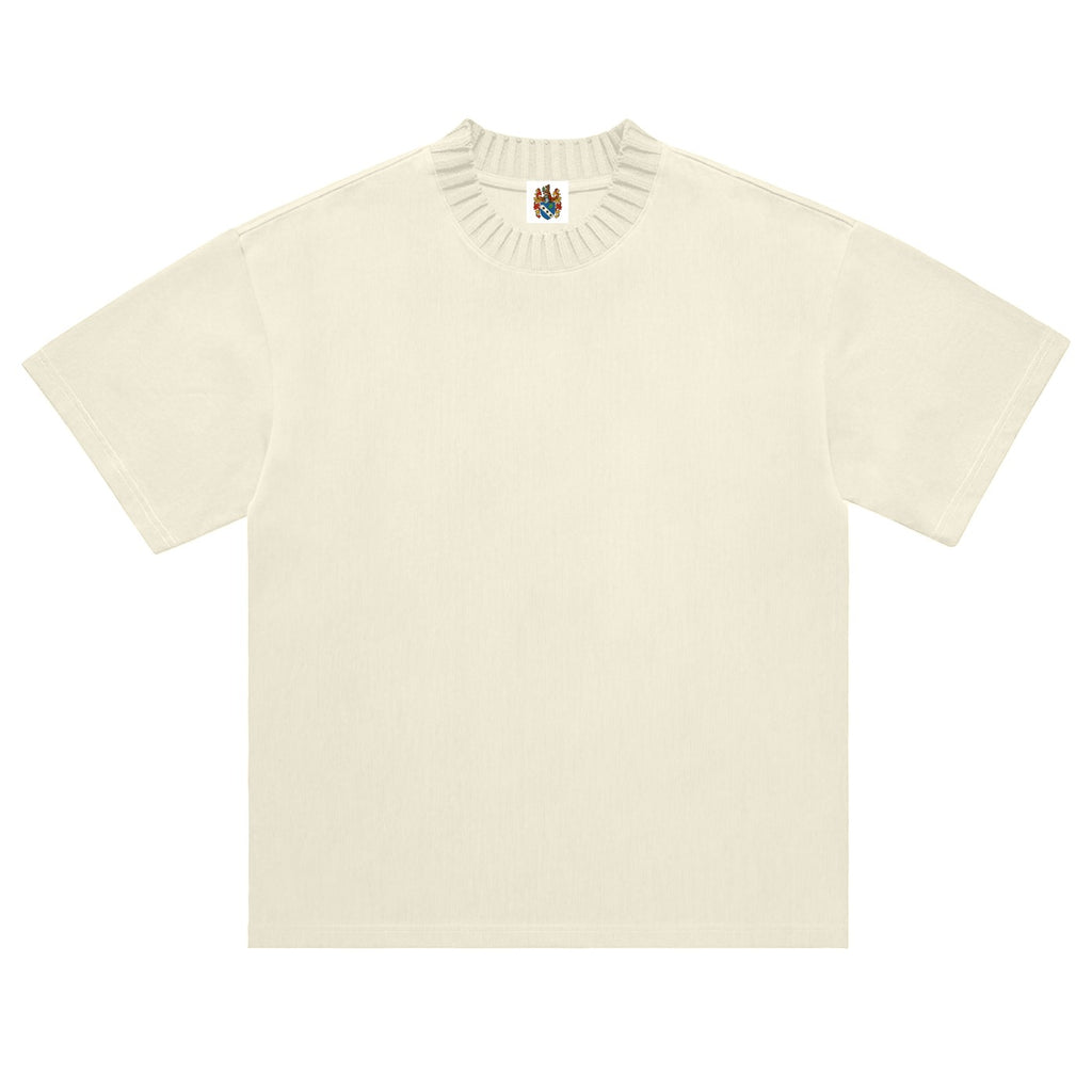 Norman Prince cream heavyweight 100% cotton knitted t-shirt with a ribbed mock neck and short sleeves.