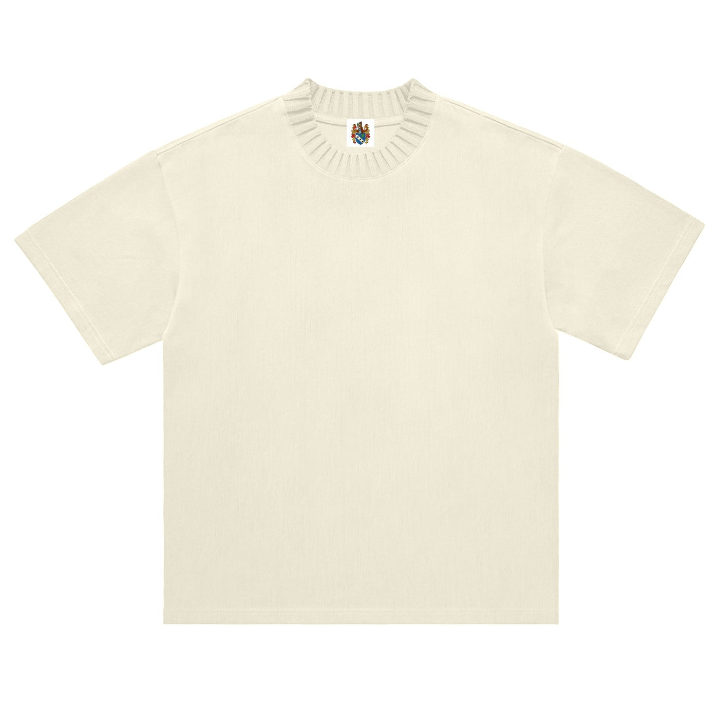 Norman Prince cream heavyweight 100% cotton knitted t-shirt with a ribbed mock neck and short sleeves.