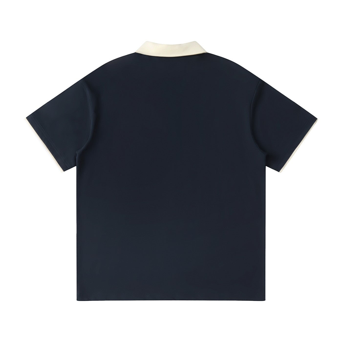 Norman Prince navy blue short sleeve polo shirt with contrasting cream collar and sleeve trim, cotton blend.