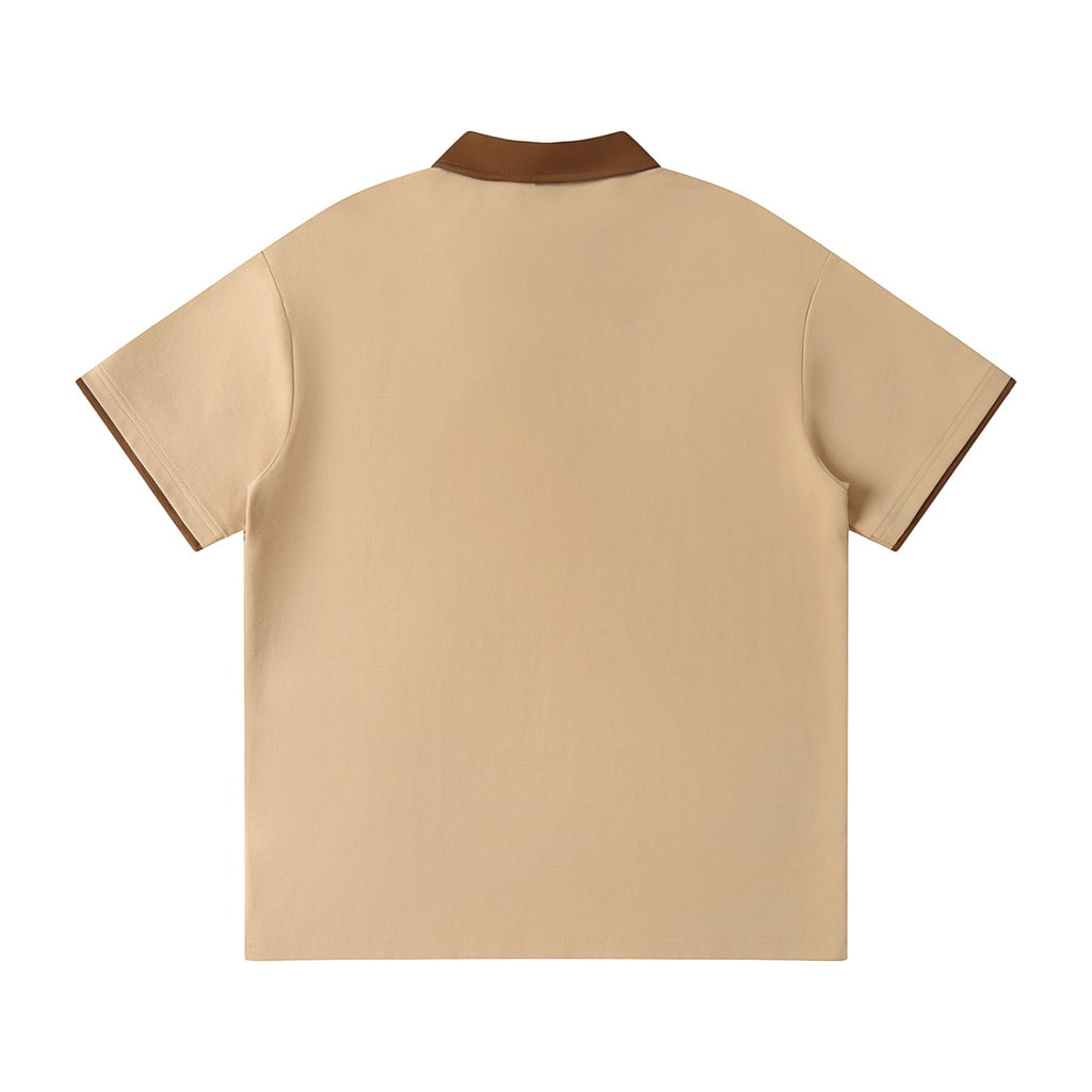 Norman Prince tan short sleeve polo shirt with brown collar and sleeve trim, cotton blend.