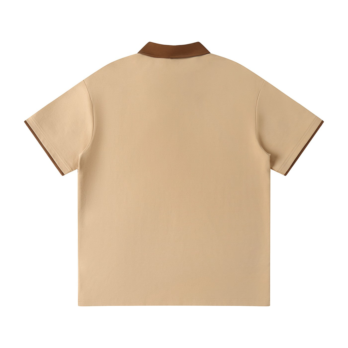 Norman Prince tan short sleeve polo shirt with brown collar and sleeve trim, cotton blend.