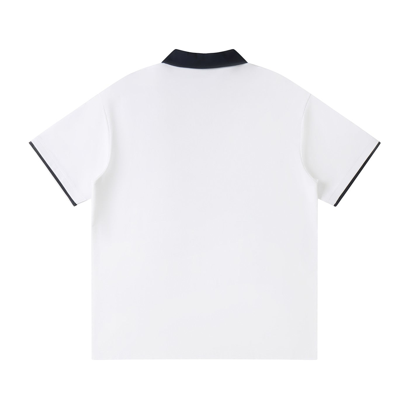 Norman Prince white cotton blend short sleeve polo shirt with navy collar and sleeve trim.